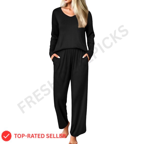 Ribbed Knit Pajama Set Long Sleeve Top and Pants Lounge Sleepwear with Pockets